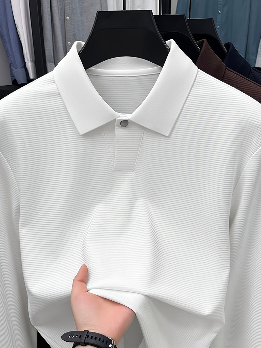 Men'S Lapel Long Sleeve Knit Sweater, Single Metal Button Placket, Long Sleeve Round Cuffs, Light Business Casual Pullover Top - SINBOS - Ivory White