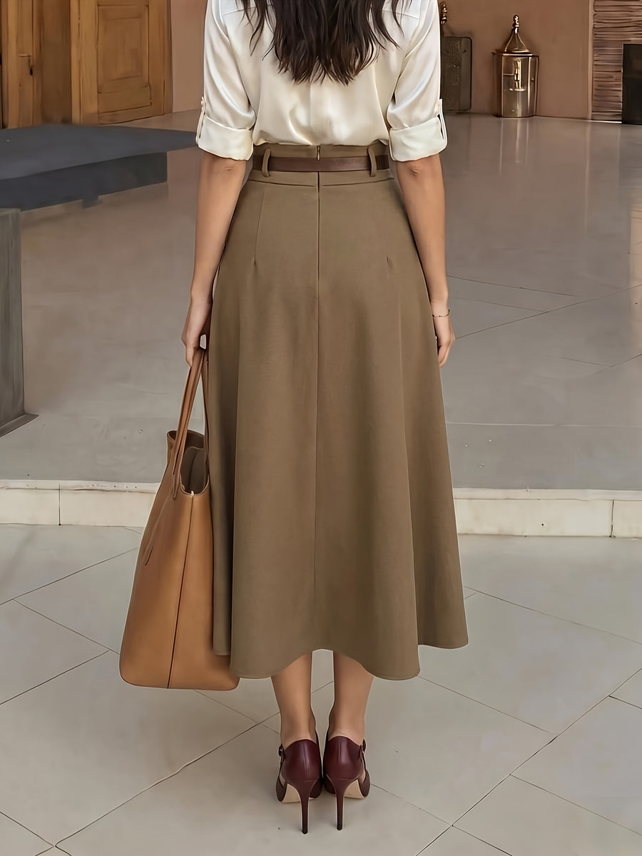 Women'S Spring Autumn New Elegant High-Waist Solid Mid-Length A-Line Asymmetrical Skirt/No Belt, Elegant Casual Design with Ruffled Trim, Suitable for Spring Autumn Summer, Appropriate for Fashion, Business, Commuting, Casual, Music Festivals - Dark Khaki
