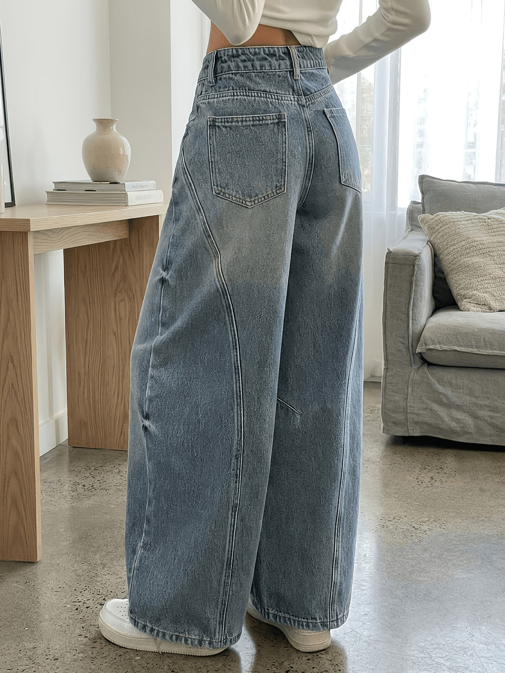 Women'S New Fashionable Elegant Easy Casual All-Match Jeans, Non-Stretch Mid-Waist Wide-Leg Jeans Trousers - Blue