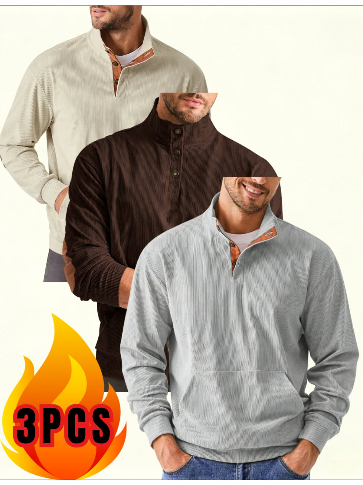 Men's 3pcs Set Corduroy Half-Button Stand Collar Long Sleeve Fashion Sweatshirt, Contrast Color Buttons Half-Open Placket, Double Elbow Applique Patches, Front Kangaroo Pocket, Ribbed Cuffs and Hem Vintage Casual Sweatshirt - xing+zong+hui