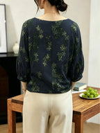 Vintage Forest-Style Floral and Botanical Print Blouse with Crew Neck, Lantern Sleeves, Side Drawstrings, Loose Fit, Effect, Five-Quarter Sleeves for Casual Outings - Sea Blue