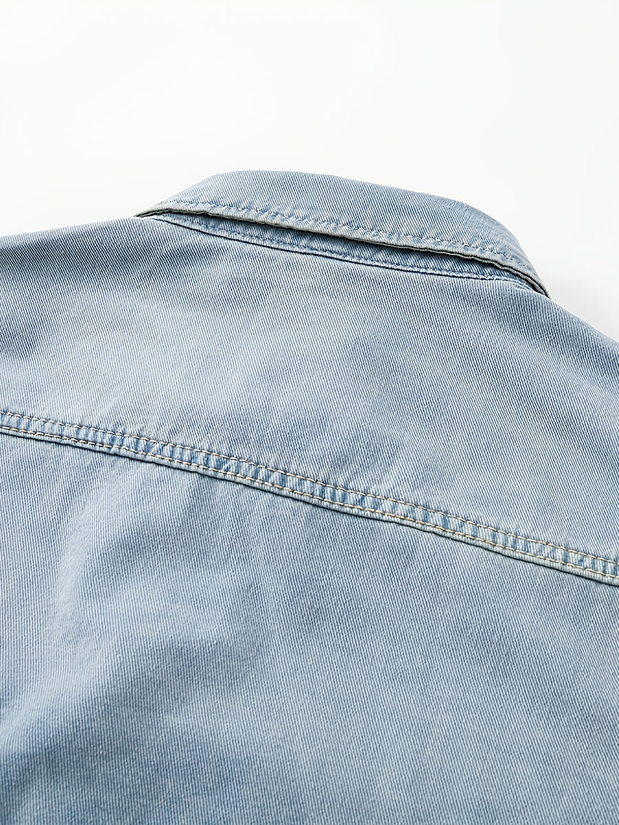American-style Workwear Denim Shirt for Men, Long-sleeve Trendy Outerwear, Loose-fit Plus Size - Vintage Blue