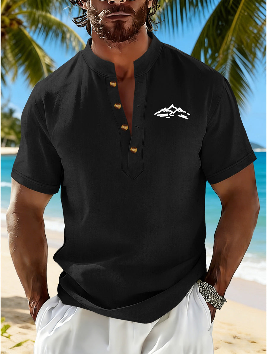 Men's Mountain Graphic Short Sleeve Henley Shirt, Mandarin Collar Half Placket Button Casual T-Shirt, Lightweight And Linen Blend Texture Summer Beach Tops - Black