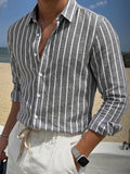Men'S Long Sleeve Business Shirt, Regular Fit, Fashionable Casual Textured Striped Linen-Like Comfortable Breathable Light Business Collar Shirt (Back Double Layer Pleating Craft) Suitable for Office, Weddings, And Formal Occasions - Grey
