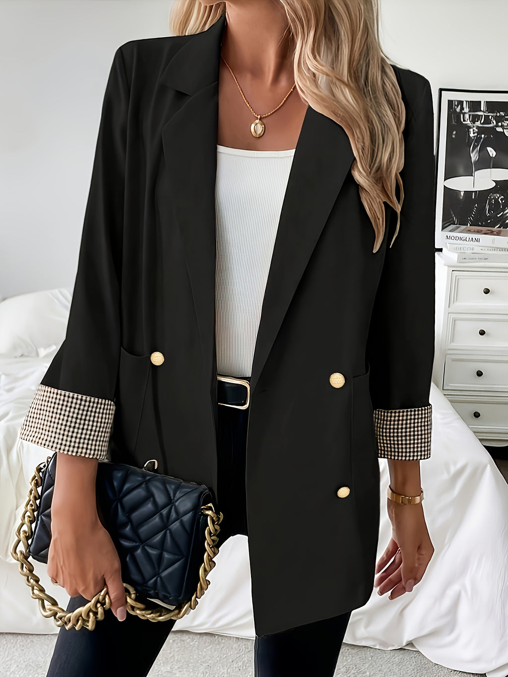 Fashionable Women's Elegant Blazer with Stylish Casual Cuff Splice Design and Notched Lapels - Black
