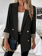 Fashionable Women's Elegant Blazer with Stylish Casual Cuff Splice Design and Notched Lapels - Black
