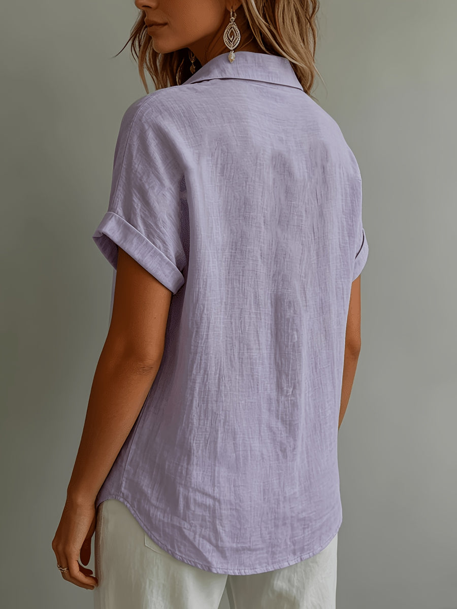 Women's Relaxed Holiday Style Micro-Wrinkle Textured Lapel Short-Sleeve Shirt, Loose Open Front Single-Breasted Drop Shoulder Fit, Casual Rolled Hem Short Sleeve V-Neck Open-Wear Design, Natural Breathable Dry Skin-Friendly Textured Fabric - Purple