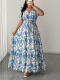 Plus Size - Elegant V-Neck Printed Tie Short-Sleeved Flared Long Dress, Fashionable Design, Plus-Size Long Dress for Spring, Summer And Autumn, Plus-Size Vacation Dress - Milky
