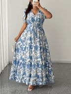 Plus Size - Elegant V-Neck Printed Tie Short-Sleeved Flared Long Dress, Fashionable Design, Plus-Size Long Dress for Spring, Summer And Autumn, Plus-Size Vacation Dress - Milky