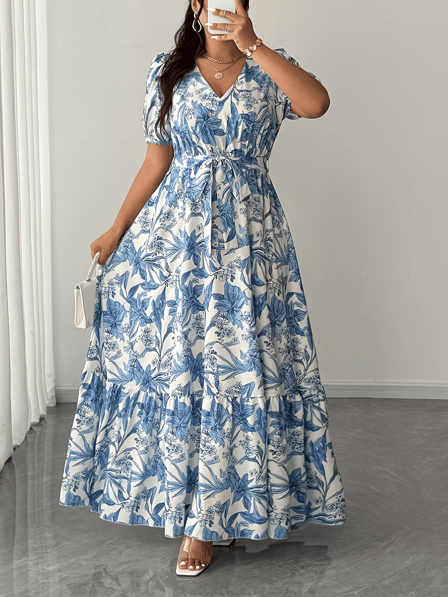 Plus Size - Elegant V-Neck Printed Tie Short-Sleeved Flared Long Dress, Fashionable Design, Plus-Size Long Dress for Spring, Summer And Autumn, Plus-Size Vacation Dress - Milky