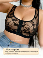 Plus Size Women's Sexy Front-Button Butterfly Mesh Breathable Comfortable Bra, New Spring/Summer Wire-Free Vest Top - Black