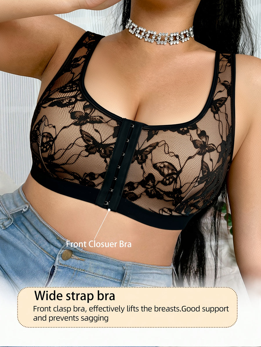 Plus Size Women's Sexy Front-Button Butterfly Mesh Breathable Comfortable Bra, New Spring/Summer Wire-Free Vest Top - Black
