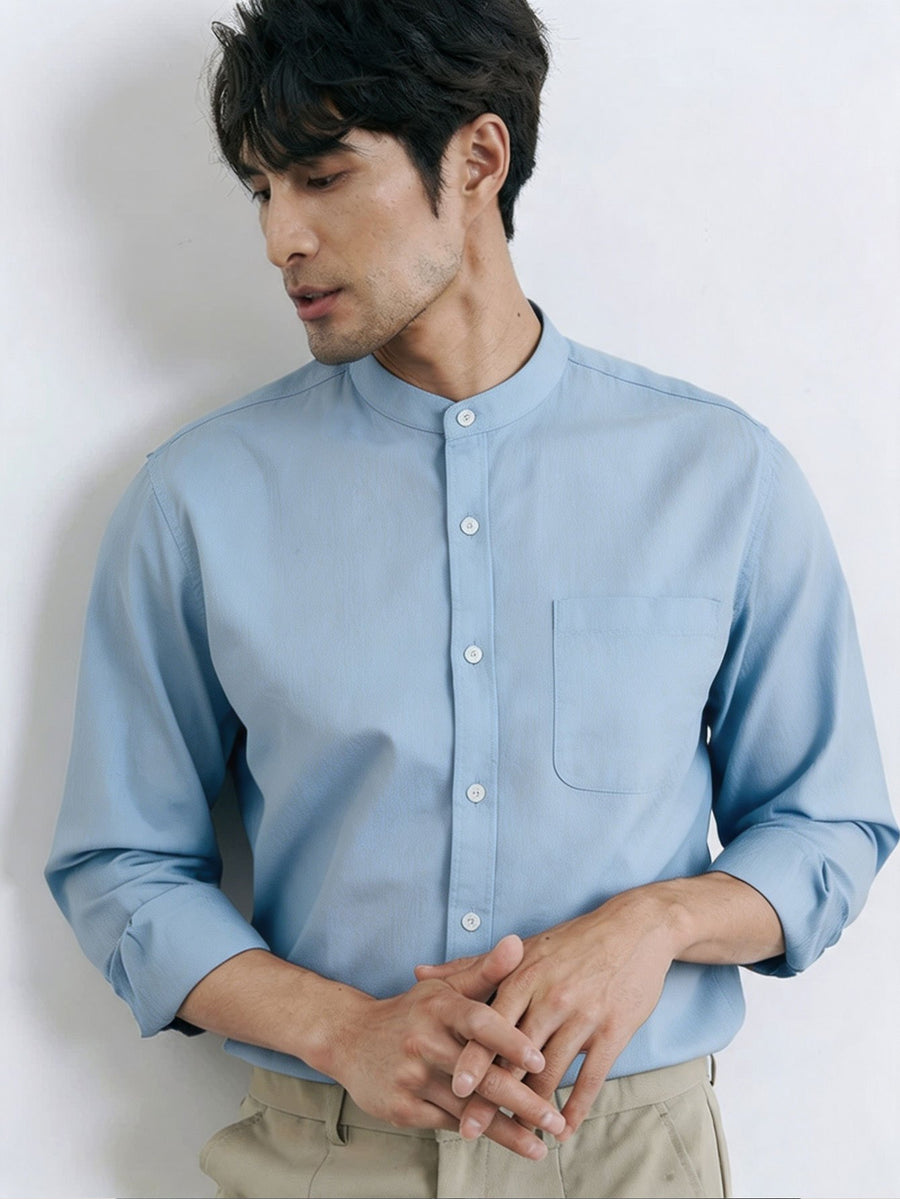 Spring And Autumn Men'S Stand-Collar Long Sleeve Shirt, Retro Solid Color Loose Shirt, Casual Commute Versatile Top, Spring And Autumn Shirt, Retro Basic Style Shirt, Commute Men'S Wear, Easy Versatile Shirt, Chinese Collar Long Sleeve Shirt - Light Blue