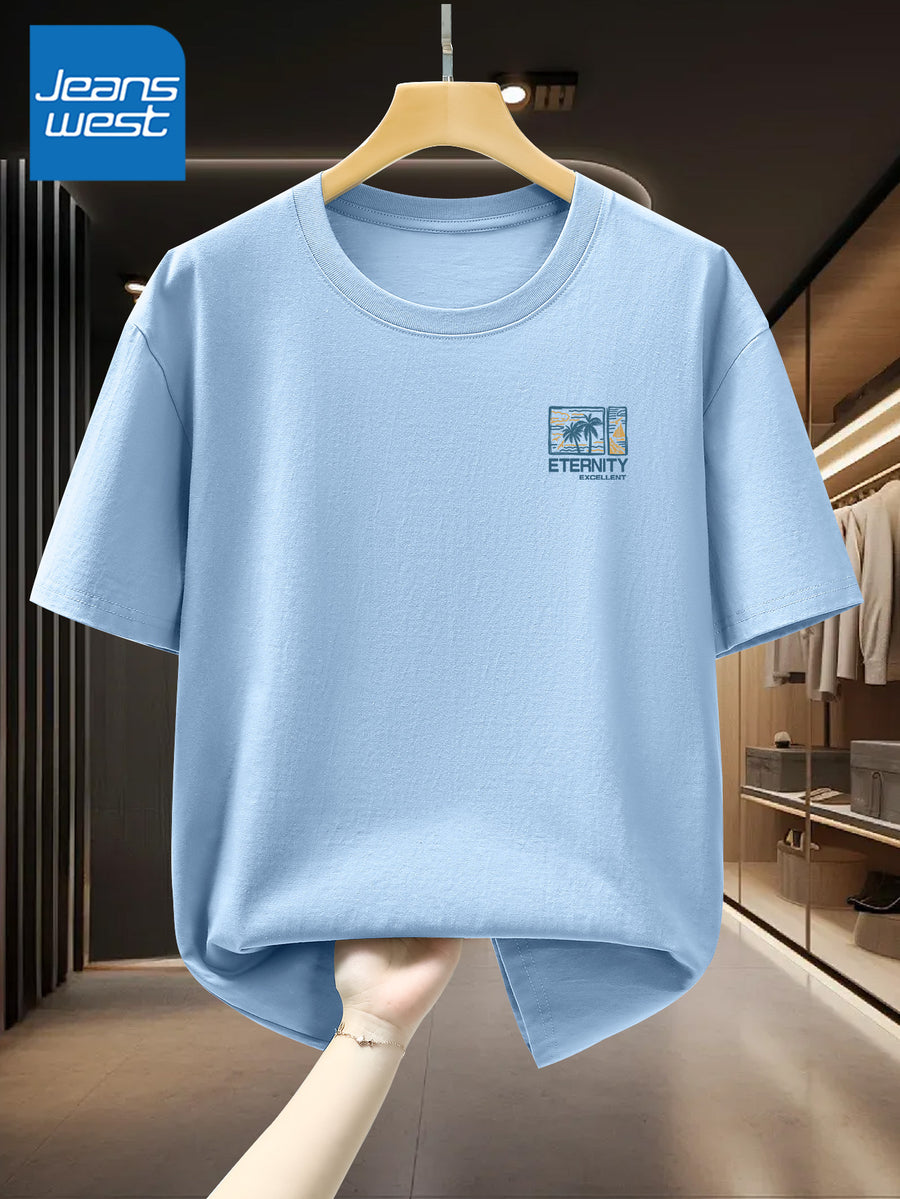 100% Men'S Summer Casual T-Shirt, Loose Fit - Glacier Blue