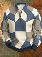 Men'S Autumn Winter Polo Zipper Sweatshirt, Men'S Retro Geometric Color-Block Digital Print Half-Zip Stand Collar Sweatshirt, Loose Casual Top, High Quality And Durable, Machine Washable, Daily Commute And Outdoor Wear - Mixed Color 2
