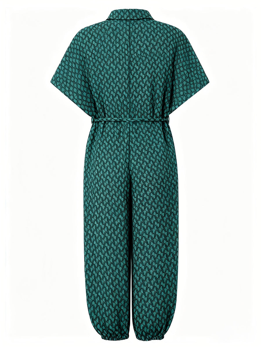 Autumn Lapel Short-sleeve Printed Jumpsuit with a Front Button Design, Comfortable to Wear, Elegant and Casual Overall for Women, Featuring Batwing Sleeves and Wide-legs with a Front Tie, Suitable for Dates, Work, Vacations, Holidays, and Casual - Green
