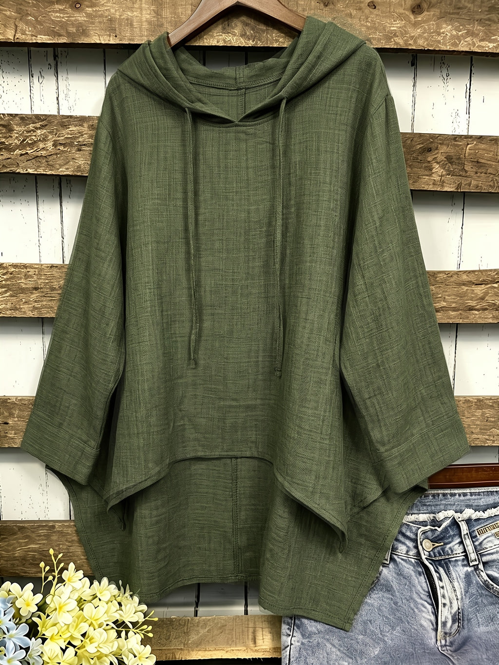 Plus Size, Plus Size Women's Hooded Shirt, Solid Color Irregular Hem Loose Fit Casual Shirt Top - Olive Green