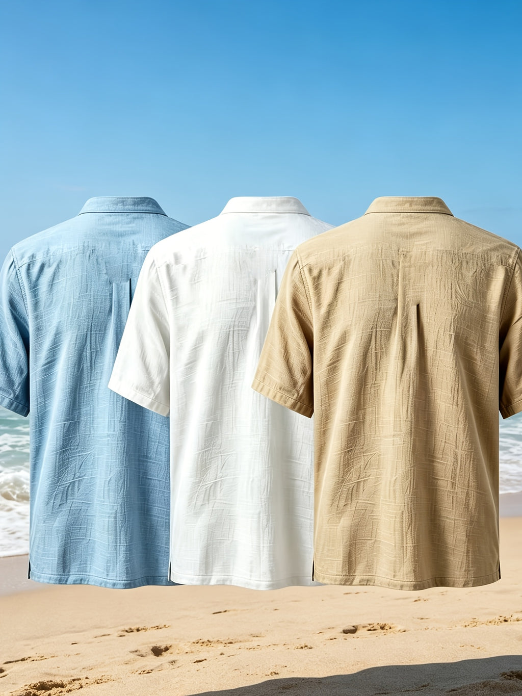 2026 New American Three-Piece Linen Stand-Up Collar Buckle Short Sleeve Summer Leisure Sports Business Home Trendy Brand Thin Breathable Versatile Henley Shirt - Blue + White + Khaki
