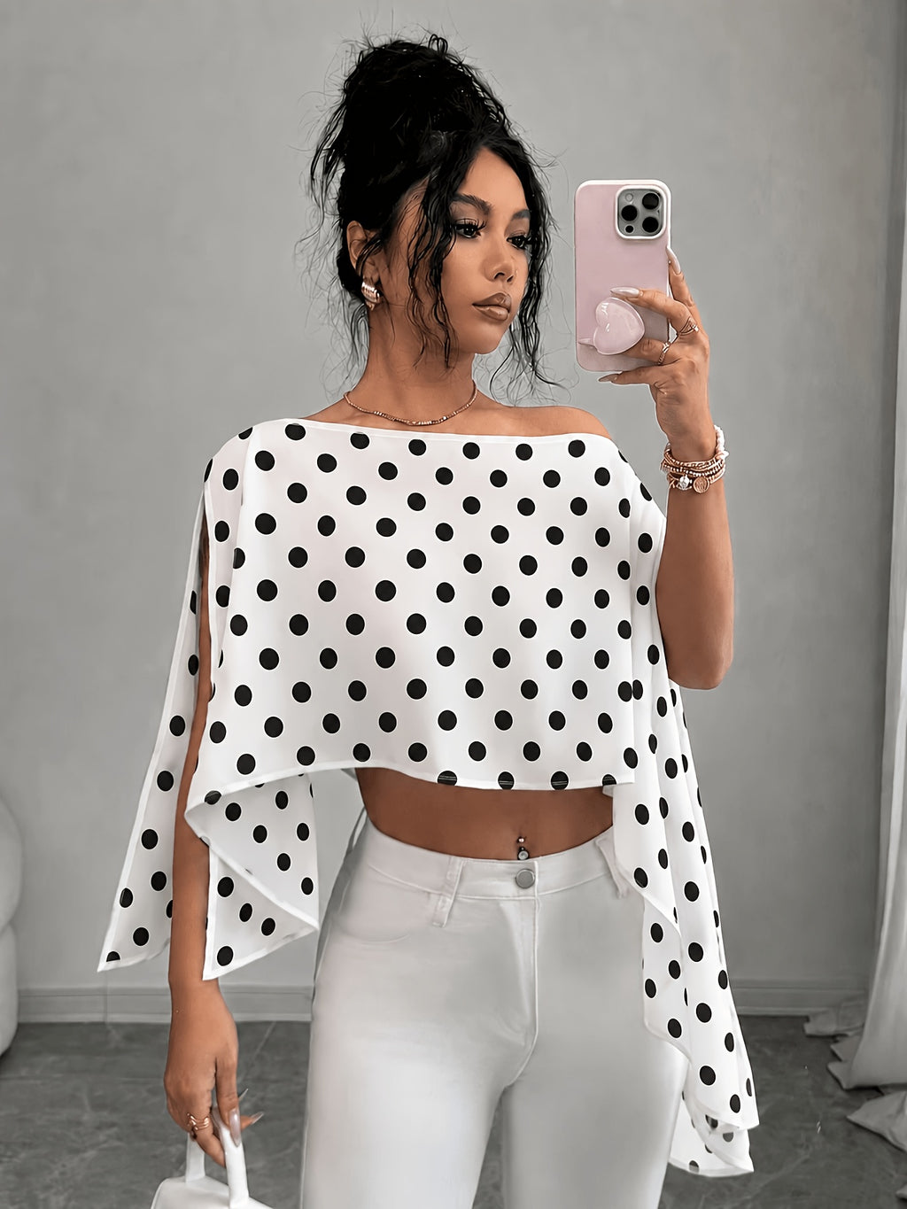 Women'S Elegant Fashion Polka Dot Print Casual Multi-Functional Asymmetrical Ruffled Collar Shirt, Casual Wear, Date, Party, Spring/Summer Polka Dot Top, White Polka Dot Top, Cute Cut-Out Off-Shoulder Top - White Dots