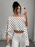 Women'S Elegant Fashion Polka Dot Print Casual Multi-Functional Asymmetrical Ruffled Collar Shirt, Casual Wear, Date, Party, Spring/Summer Polka Dot Top, White Polka Dot Top, Cute Cut-Out Off-Shoulder Top - White Dots