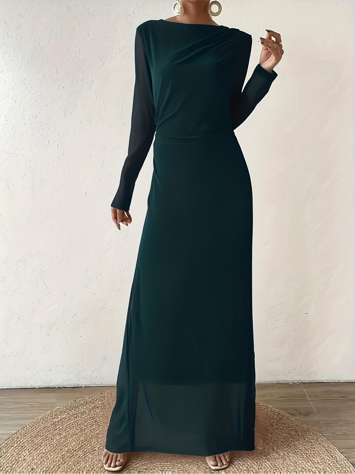Autumn Winter New European Middle Eastern Casual All-Match Fashion Dress Round Neck Long Sleeve Elegant Temperament Suitable for Parties Gatherings - Dark Green