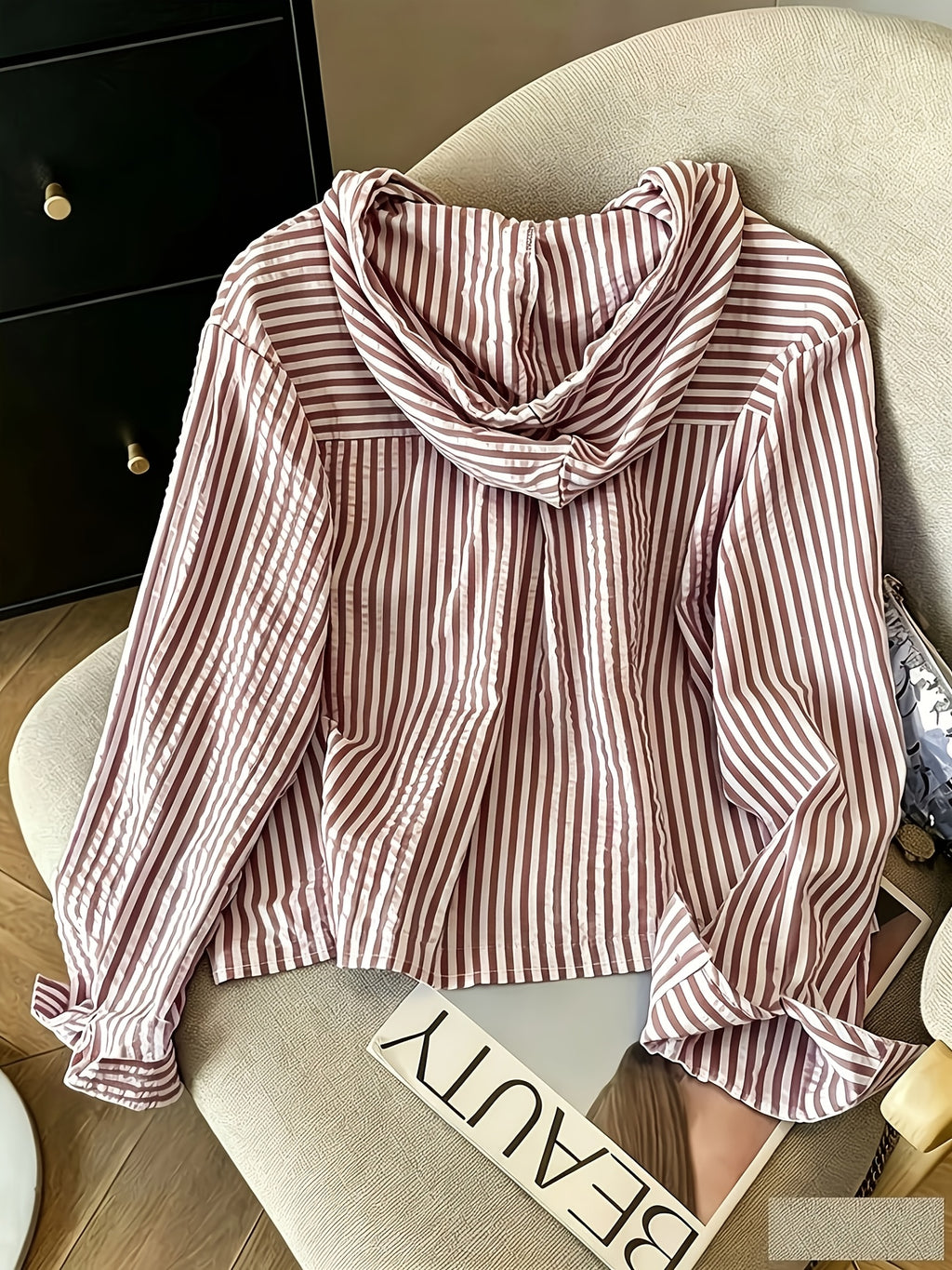 Relaxed Fit Striped Hooded Cardigan - Red