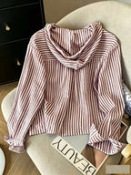 Relaxed Fit Striped Hooded Cardigan - Red