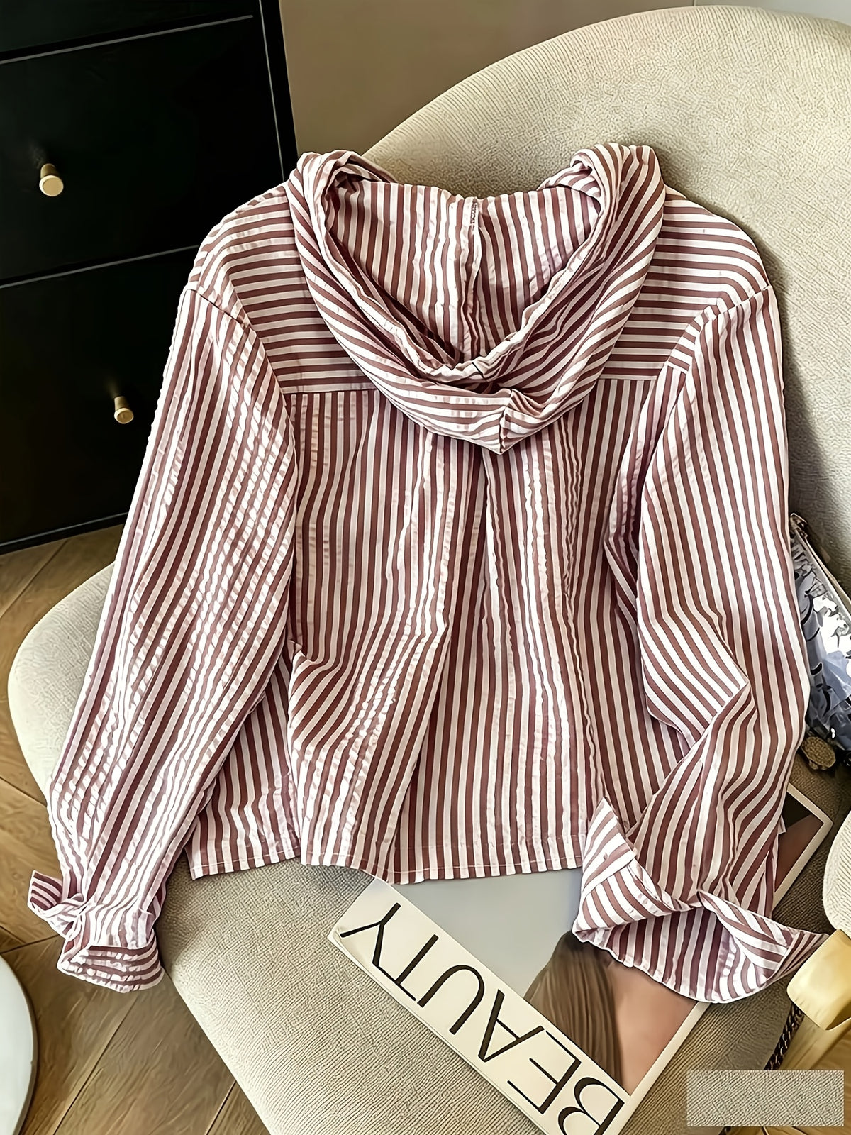 Relaxed Fit Striped Hooded Cardigan - Red