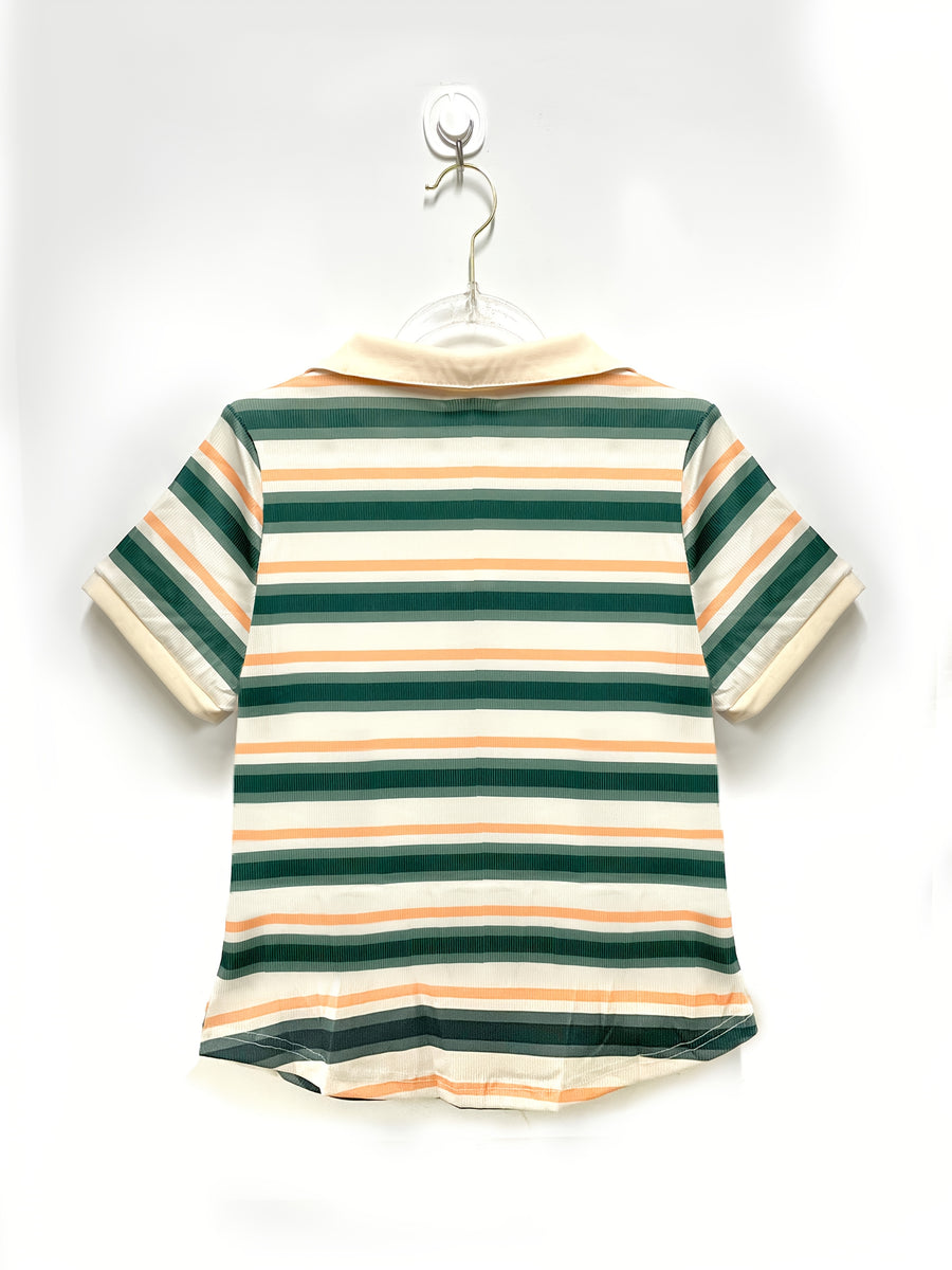 Summer Short-Sleeved T-Shirt for Women, 2025 New Style, Elegant Color-Blocking Stripes, Slim-Fit, Halfopen Collar, Short Top - Stripe