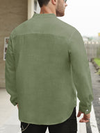 Men's Lightweight Thin Striped Stand Collar Half-Placket Solid Color Long Sleeve Shirt WISH Twill Loose Vintage Shirt - Olive Green