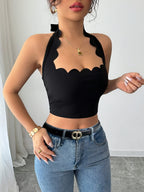 Fashion Women's Sexy Vacation Ruffle Trim Crop Tank Top - Black