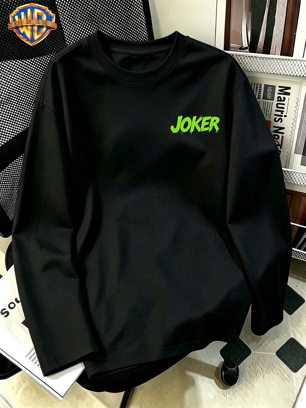 Authorized by Warner Bros., Joker Front And Back Double-Sided Print, Autumn Round Neck Long Sleeve, Fashionable Multifunctional Men'S Clothing, New Casual Loose Outdoor Athletic Breathable Top, Suitable for Daily Outdoor Activities, Gym Wear - Black