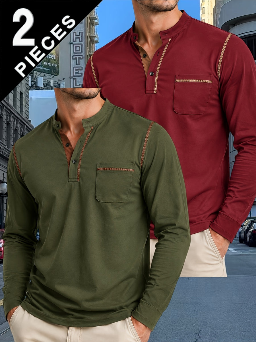 2pcs Men'S Autumn Winter Stand-Collar Long Sleeve Henley Shirts, Contrast Color Pinstripe Polo Shirts with Pockets, Soft And Breathable Sweat-Absorbing, Business Casual Basic Long Sleeve Top, Skin-Friendly Soft Fabric Comfortable, Sweat-Resistant - Army Green+Wine Red