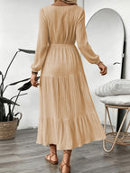 Women's Vacation Style Dress, Elegant and Fashionable V-Neck Lace Long Sleeve Maxi Dress - Wheat-colored