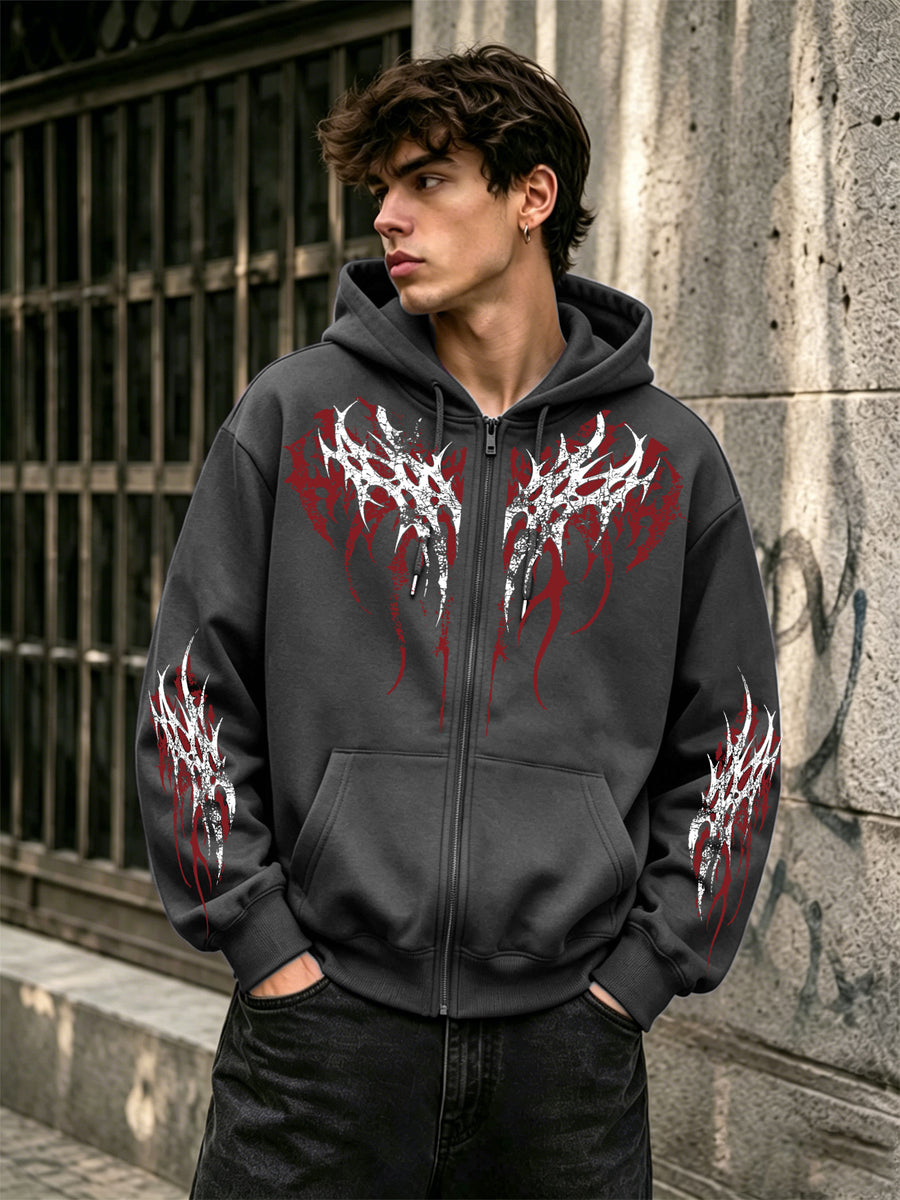 Black Metal Thorns Print Zipper Hooded Cardigan Sweatshirt - Grey