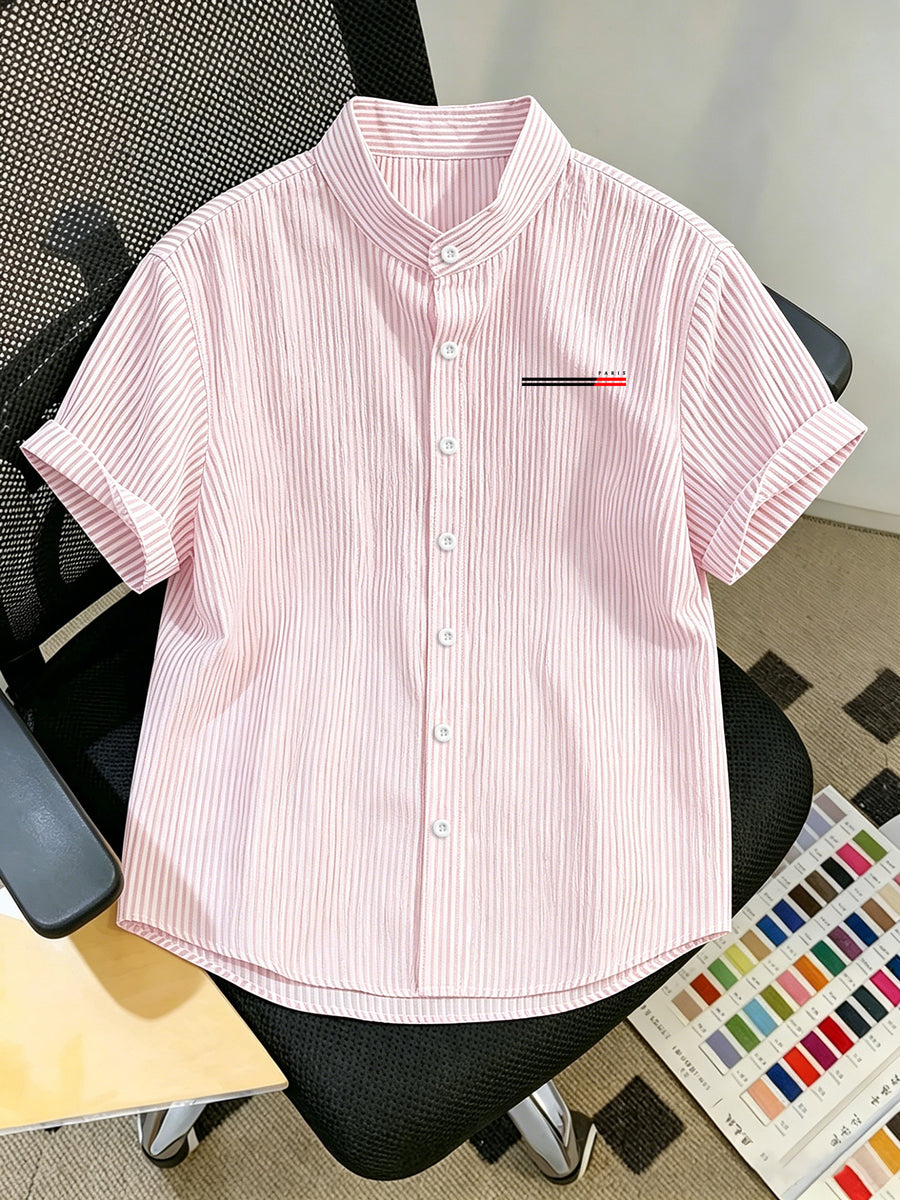 Men'S Striped Shirt Easy Print, Breathable Striped Summer Shirt, Stand-Up Collar Design Suitable for Beach Outings And Daily Casual, Beach Shirt, Outdoor Leisure, Soft Texture, Vacation Wear - Pink Color