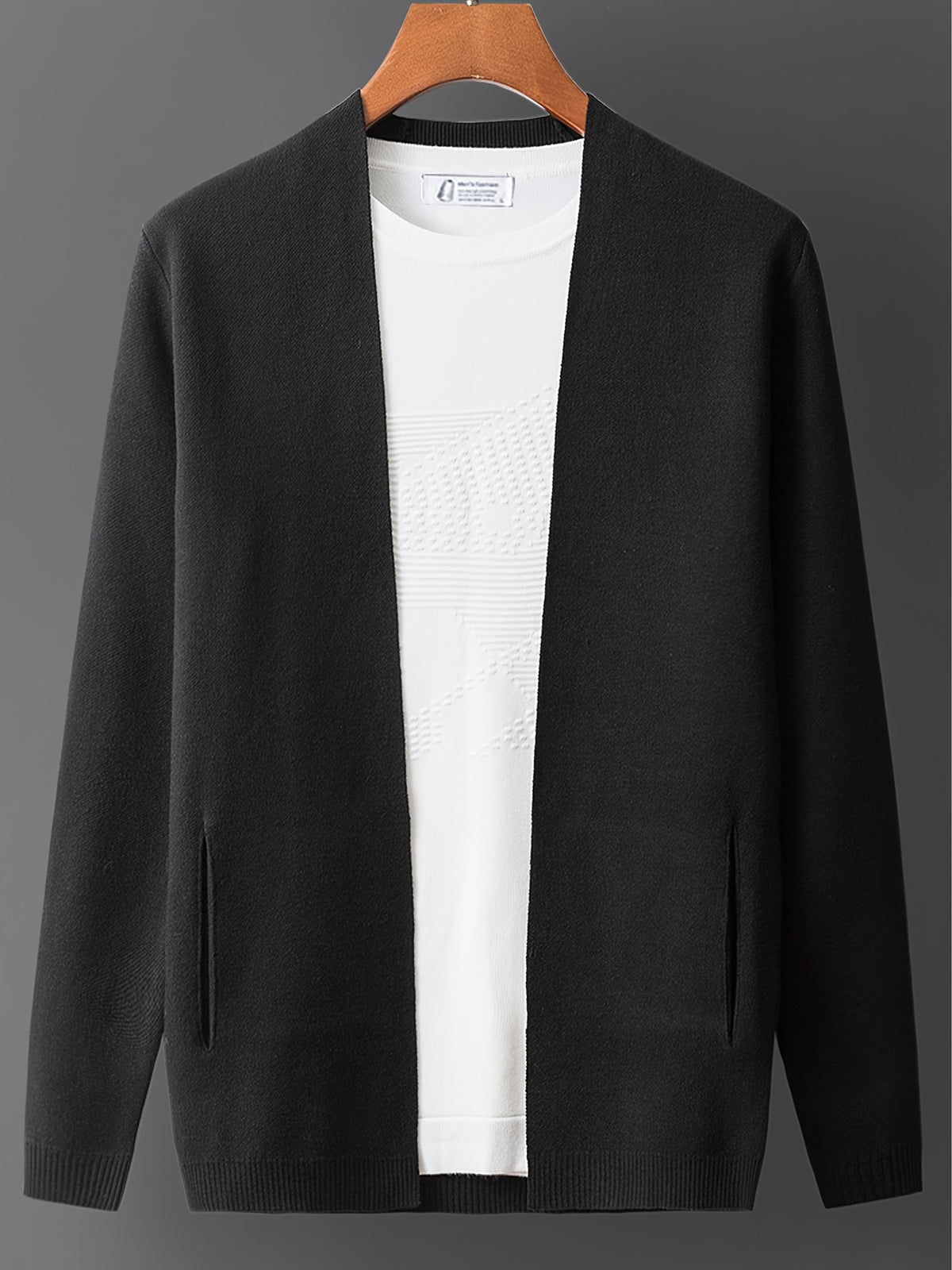 Men's Knitted Cardigan Sweater Jacket, Solid Color Pullover for Spring/Autumn, Slim Fit Outerwear for Young and Middle-Aged Men, Trendy Spring Pullover for Outer Wear - Black
