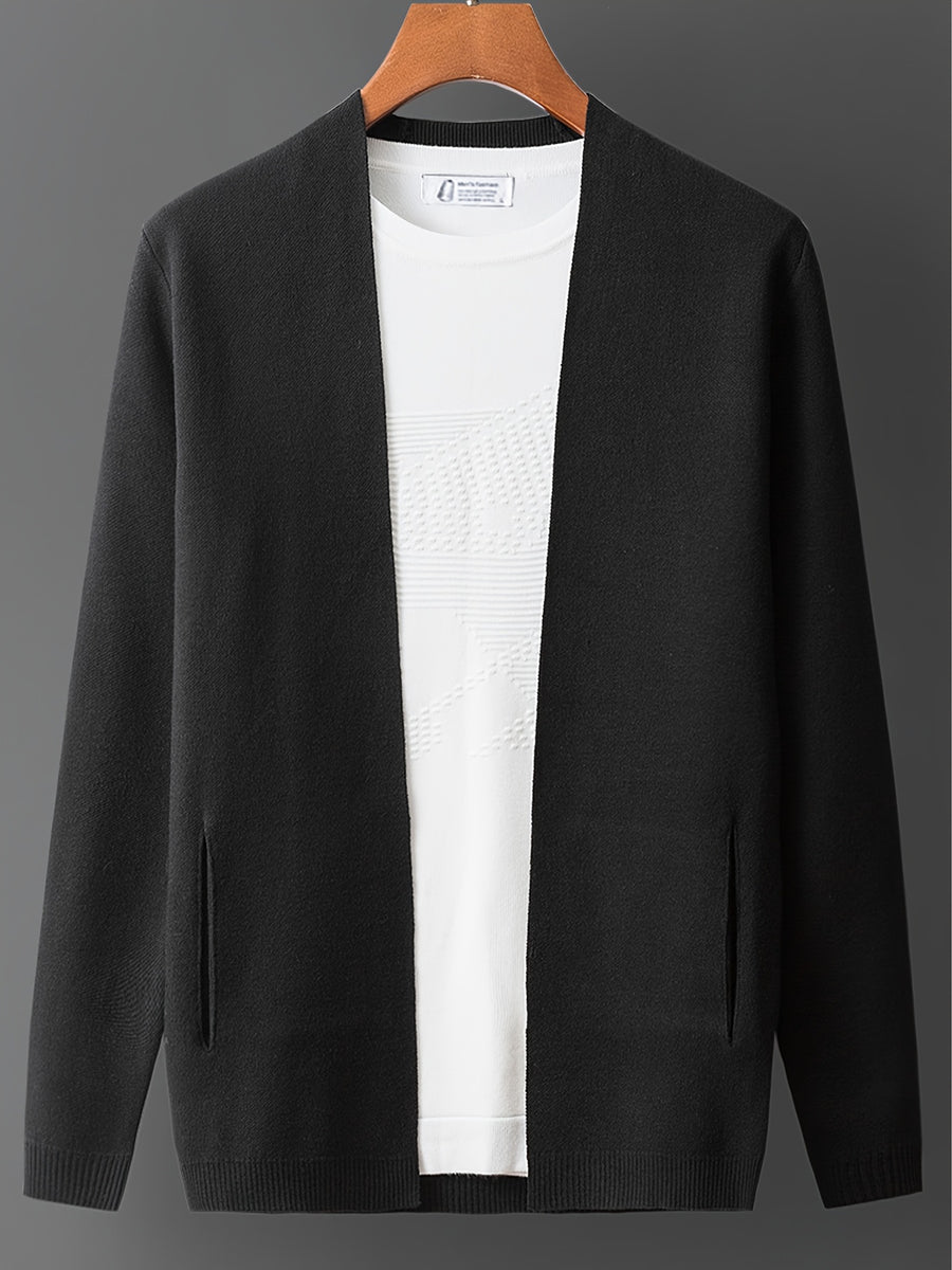 Men's Knitted Cardigan Sweater Jacket, Solid Color Pullover for Spring/Autumn, Slim Fit Outerwear for Young and Middle-Aged Men, Trendy Spring Pullover for Outer Wear - Black