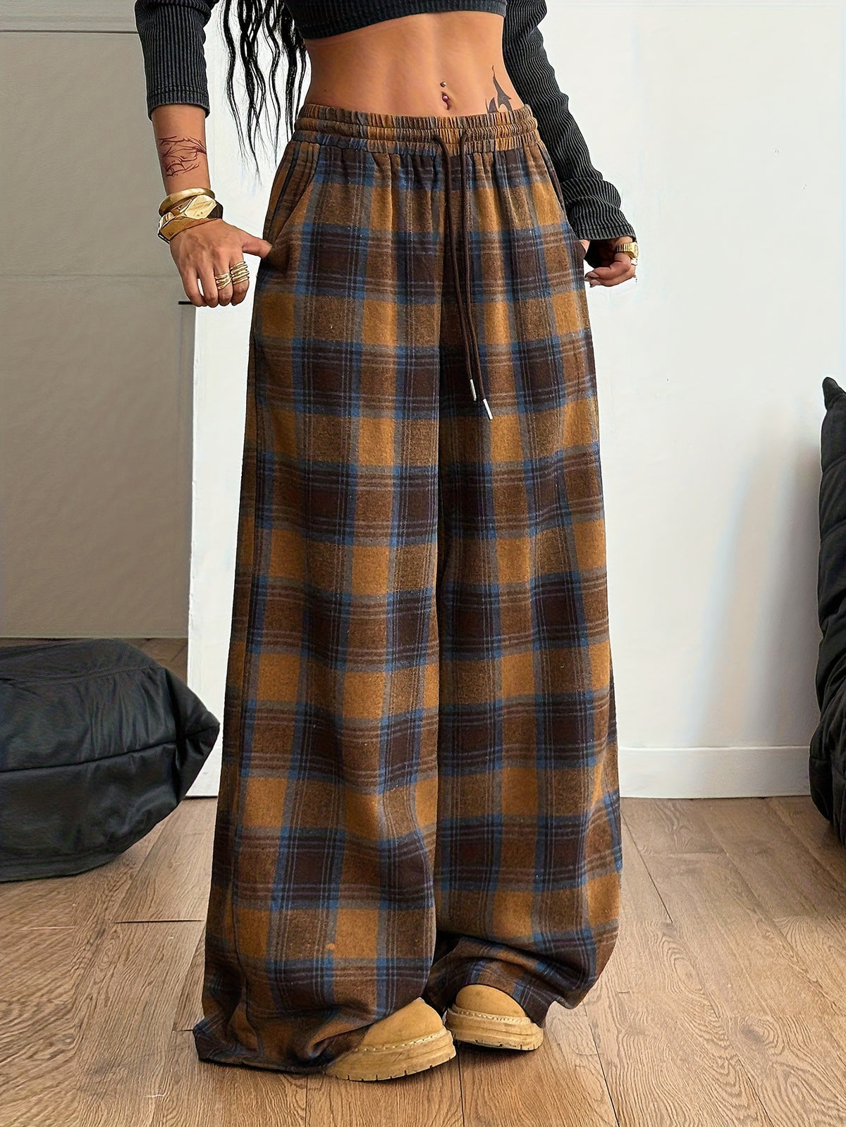 Women'S Plaid Wide-Leg Pocket Drawstring Casual Fashion Fall Winter Trousers - Mixed colors