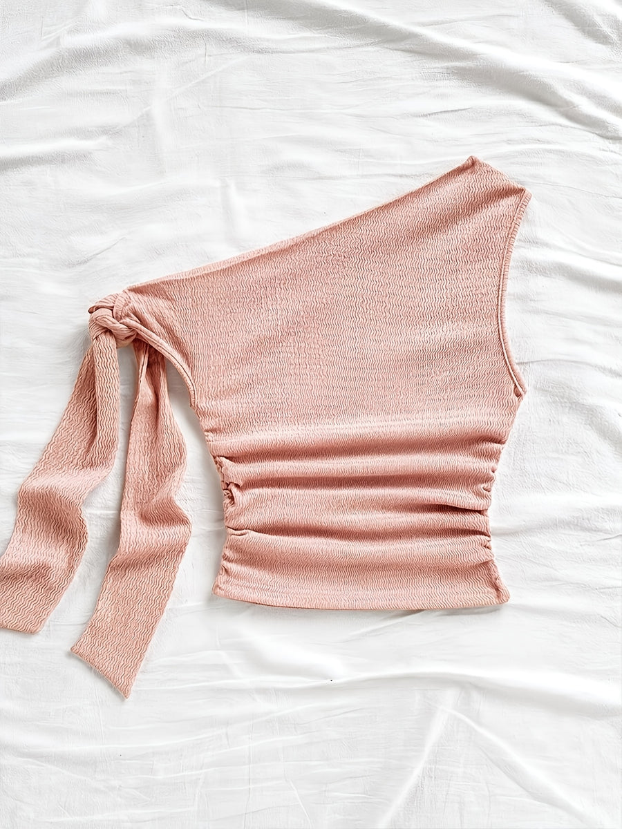 Sexy Asymmetrical Tie-Front Flowy Casual Slim-Fit Solid Color Women'S One-Shoulder Top for Spring And Autumn, Perfect for Parties, Vacations, Music Festivals, Bohemian Style, Holiday Dates, And Afternoon Tea - YTD Cherry - Pink