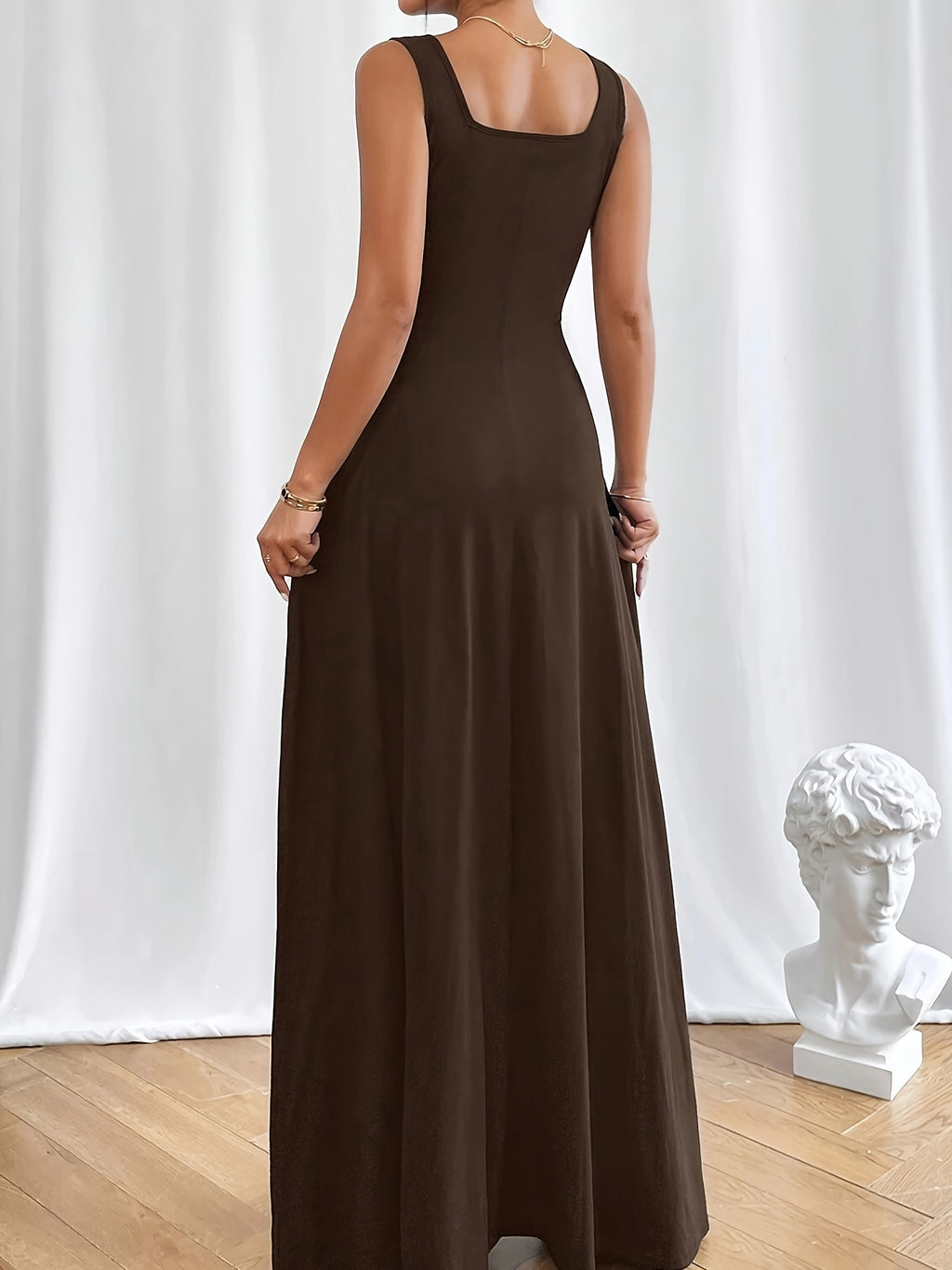 Women's Elegant Square Neck Sleeveless Knit Dress - Summer Lightweight Solid Color Machine Washable Versatile Casual to Formal Wear, Everyday Fashion, Sophisticated Style - Coffee Brown