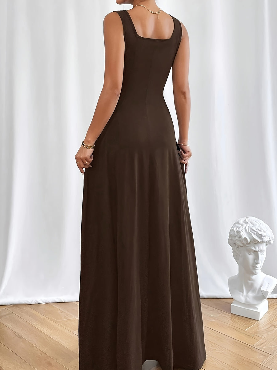 Women's Elegant Square Neck Sleeveless Knit Dress - Summer Lightweight Solid Color Machine Washable Versatile Casual to Formal Wear, Everyday Fashion, Sophisticated Style - Coffee Brown