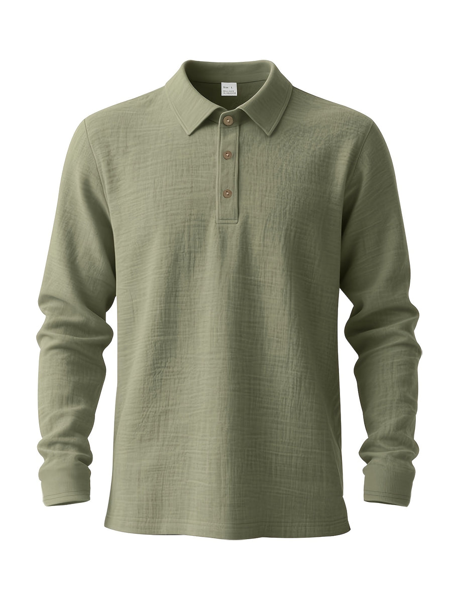 Men'S Linen Polo Shirt, Long Sleeve Casual Button-Up Top Made of Soft Natural Linen Fabric, Breathable Lightweight Construction with Relaxed Fit, Ideal Summer Clothing for Beach Vacations, Tropical Travel, Business Casual, And Leisure Style - Tactical Green