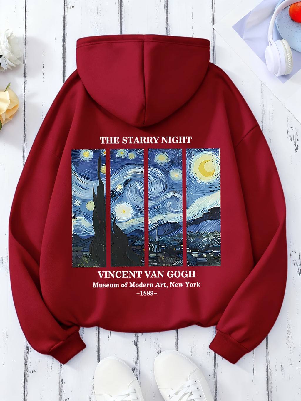 Women'S Autumn Winter All-Match Casual Hooded Sweatshirt, Starry Night Van Gogh Art Print Fashion Comfortable Jacket - Red