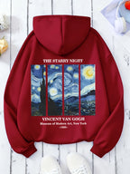 Women'S Autumn Winter All-Match Casual Hooded Sweatshirt, Starry Night Van Gogh Art Print Fashion Comfortable Jacket - Red
