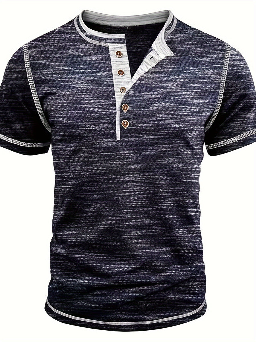 Men'S Summer Henley Shirt - Casual Short Sleeve, Button-Up, Gray & White Striped, Round Neck, Lightweight Polyester Blend, Perfect for Casual Attire, Casual Summer Wear | Striped Henley Shirt | Polyester Blend Shirt - Royal Blue