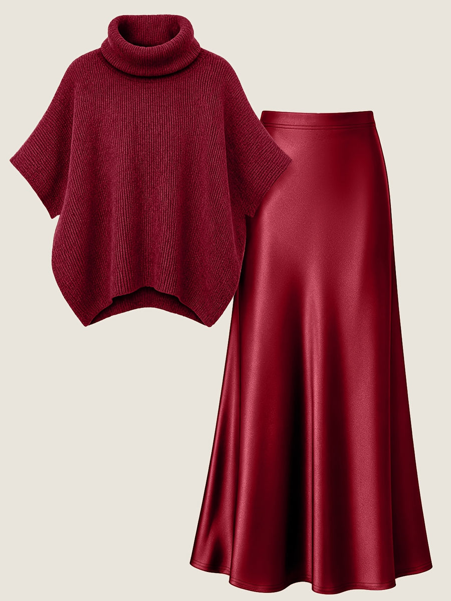Autumn Winter Fashion Lazy Style Turtleneck Cloak Sweater And Premium Satin Fishtail Half Skirt, Temperament Elegant Commute Two-Piece Set - Burgundy