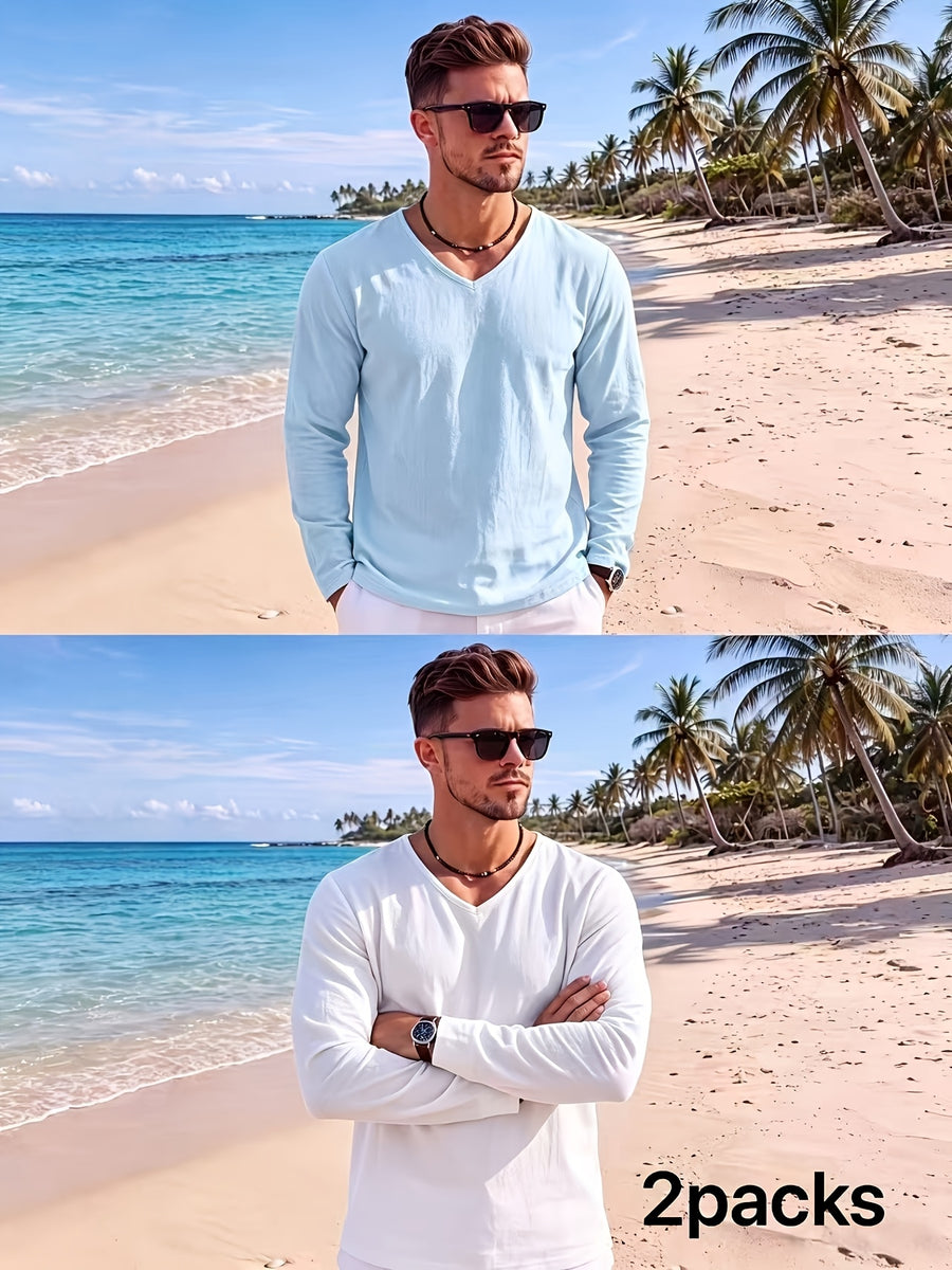 Men's 2pcs V-Neck Long Sleeve Linen T-Shirt, Breathable Loose Solid Color Top for Beach Outings and Daily Casual Wear - Light Blue+white