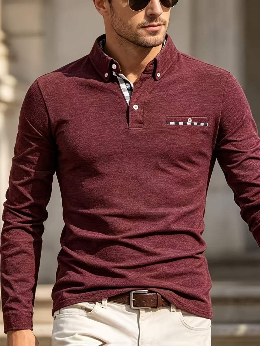 EnglishContrast Pocket Long Sleeve Collared Polo Stretch Slim Fit Business Casual Men T Shirt - Burgundy