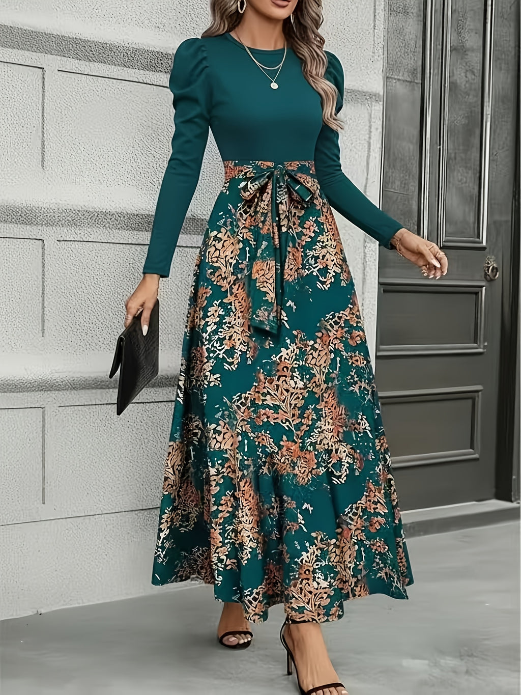 Elegant Casual Leisure Western Printed Puff Sleeve Long Sleeve Spring Autumn Dress - Green